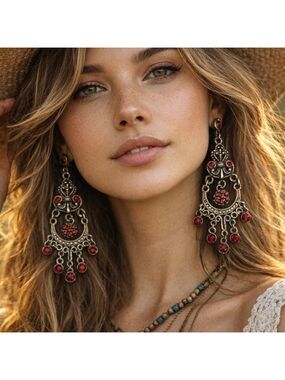 Silver Chandelier Earrings with Red Stones 2.75" Drop